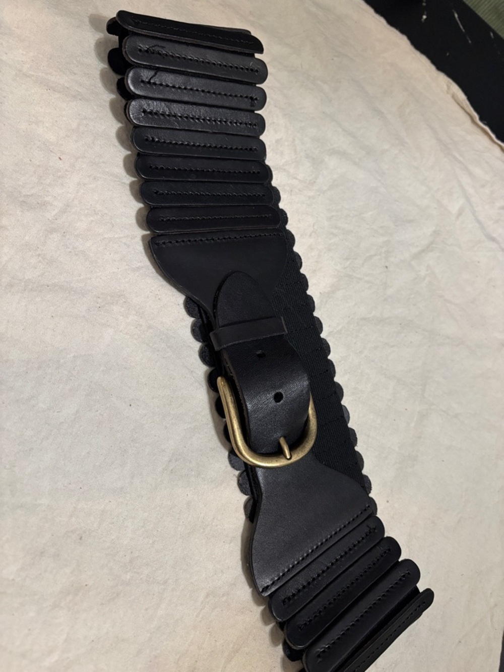 Anthropologie Black Scalloped Elastic Waist Belt with Brass Buckle